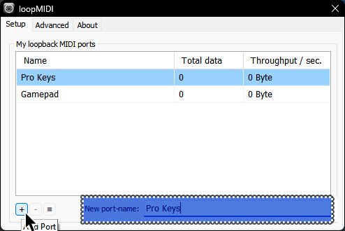 A screenshot of loopMIDI, with a mouse cursor over the Plus symbol for "Add Port". Additionally, "New port name" is highlighted in blue with a dotted outline, with "Pro Keys" typed out in the text field.