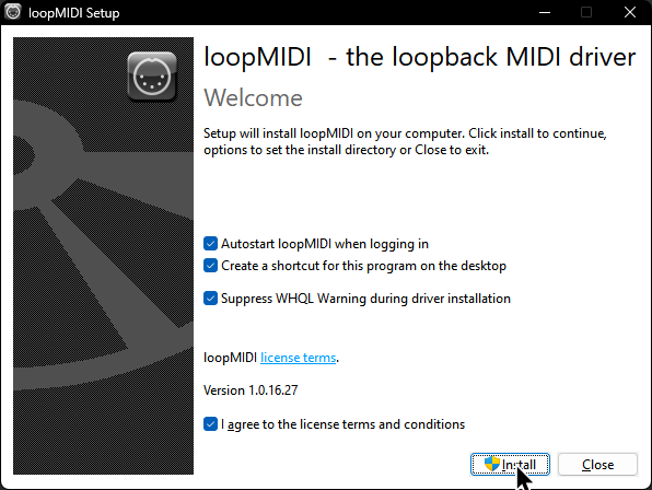 Una captura del instalador de loopMIDI.