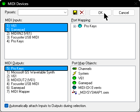 A screenshot of MIDI-OX's MIDI Devices, with a keyboard and the Gamepad selected in the MIDI Inputs section and Pro Keys selected in the MIDI Outputs section.