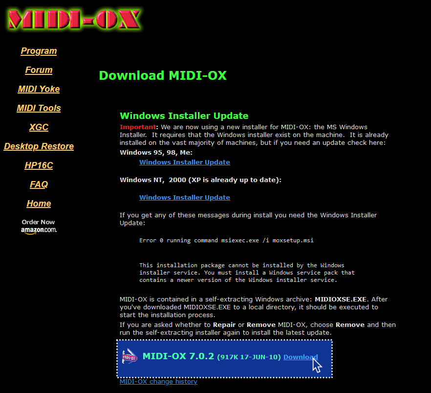 A screenshot of MIDI-OX's website, with the proper download highlighted in blue with a dotted outline.