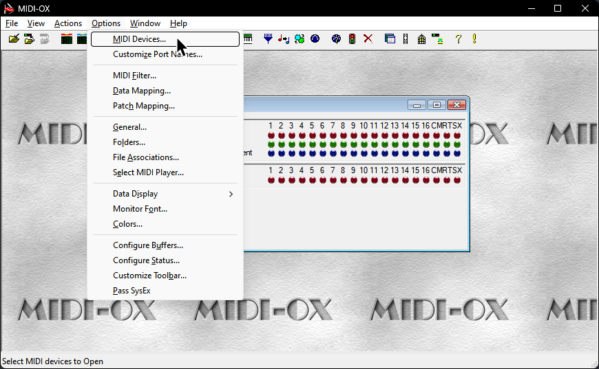 A screenshot of MIDI-OX, with the mouse hovering over the MIDI Devices menu, under the Options menu.