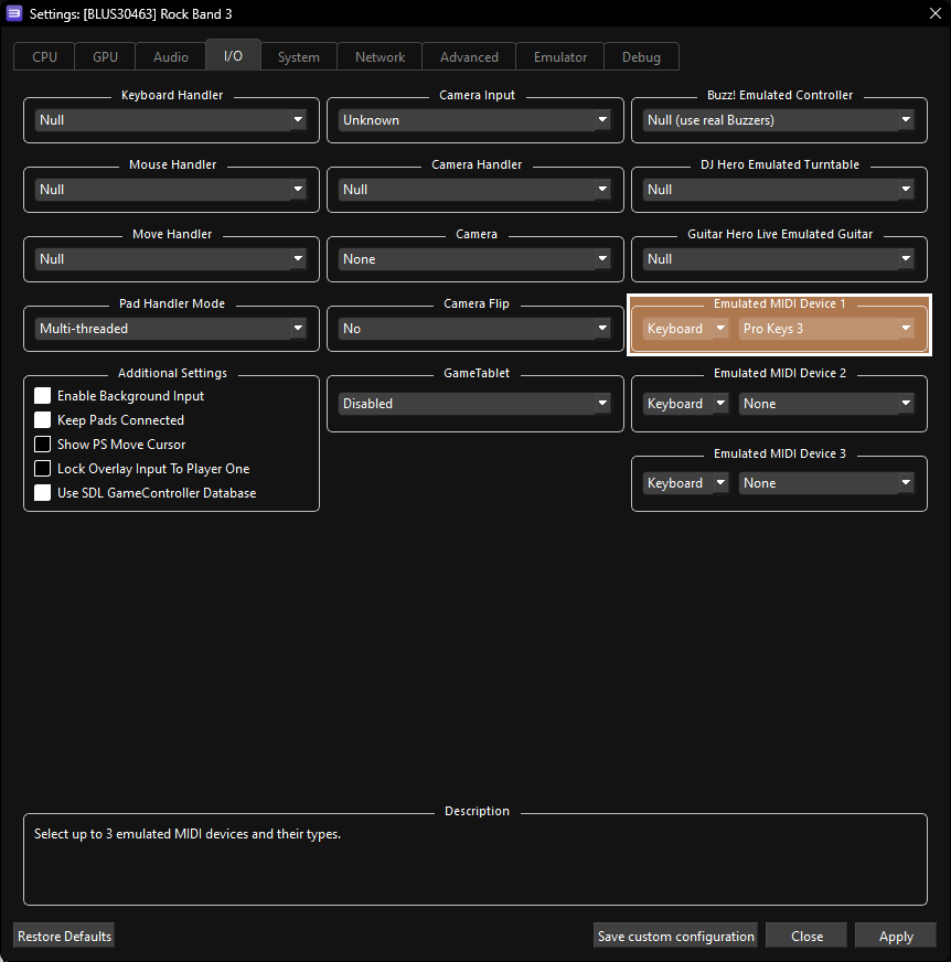 A screenshot of Rock Band 3's I/O custom settings, showing Emulated MIDI Devices, device type, and device selection highlighted in tan with a solid outline. It is set to "Keyboard - Pro Keys 3"