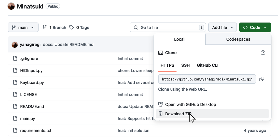 A screenshot of Minatsuki's Github page. The green "Code" button was clicked and the cursor is over the "Download ZIP" option.