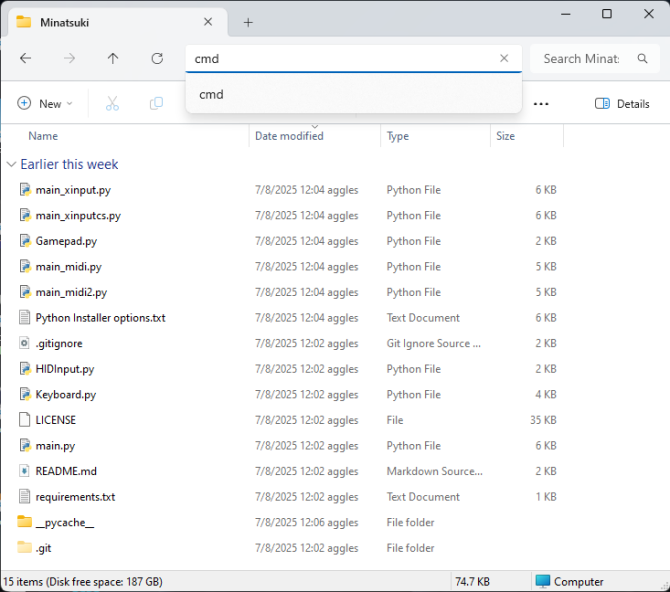 A screenshot of a folder that contains the combined files of Minatsuki and Minatsuki-Pro-Drums-Plus. The address bar has been clicked and it says "cmd".