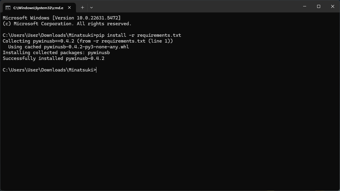 A screenshot of a Windows command line. The command 'pip install -r requirements.txt' was typed in and entered and it downloaded.