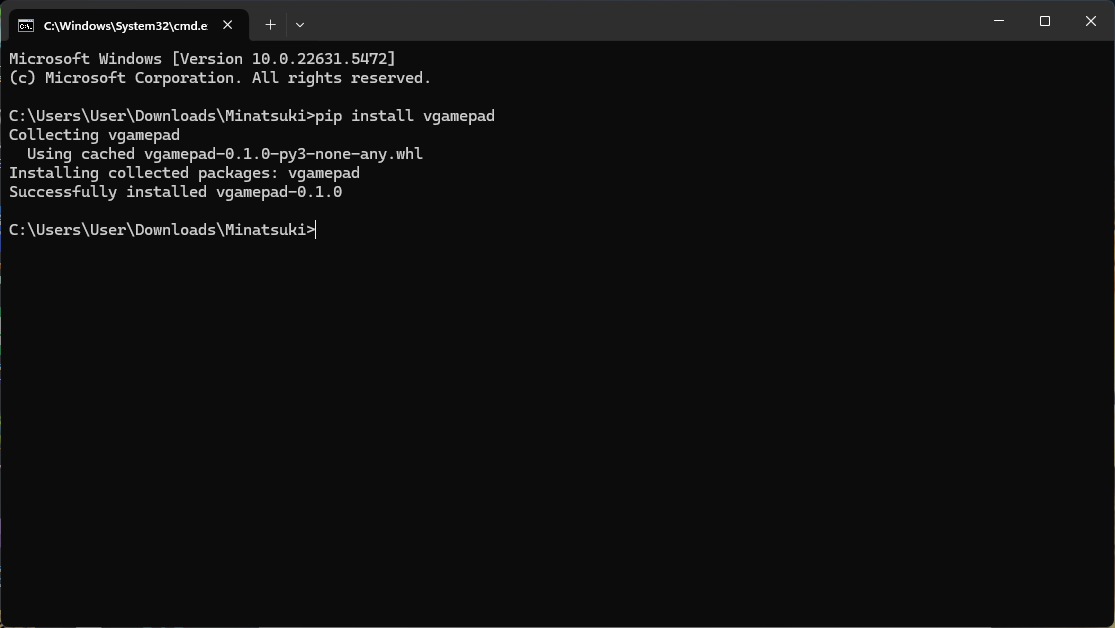 A screenshot of a Windows command line. The command 'pip install vgamepad' was typed in and entered and it downloaded.