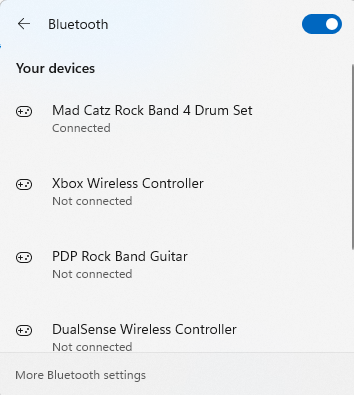 A screenshot of a Windows' Bluetooth devices. It shows a Mad Catz Rock Band 4 Drum Set.