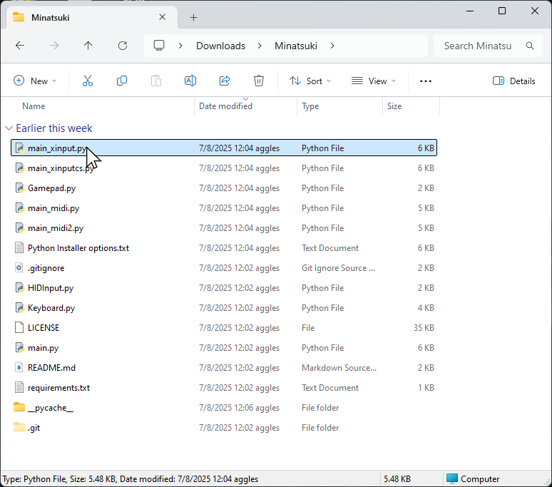 A screenshot of a Windows Explorer. It shows the cursor over 'main_xinput.py' and it is highlighted.