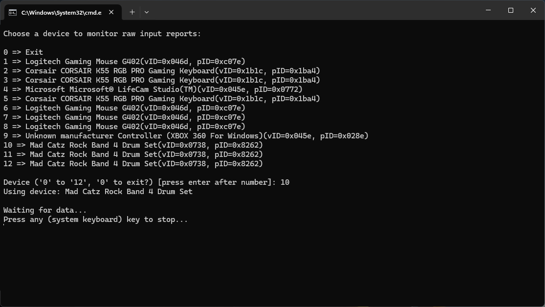 A screenshot of a command line running the 'main_xinput.py' script. It the Rock Band 4 kit drum kit along with other controllers in the selection. The Rock Band kit's number was selected and Enter was pressed.