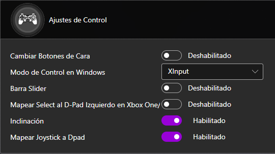 Una captura de los Ajustes de Control, dentro de la herramienta de programación.