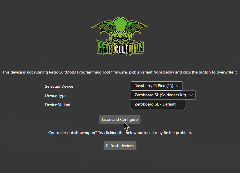 A screenshot of RetroCultMods Programming Tool. "Selected Device" is set to Raspberry Pi Pico, "Device Type" is set to "Zeroboard SL (Solderless Kit)", and Device Variant is set to "Zeroboard SL - Default."