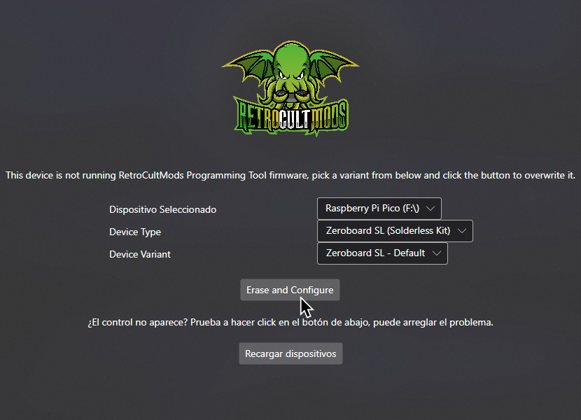 Una captura de la herramienta de RetroCultMods para Programar. "Dispositivo Seleccionado" esta en Raspberry Pi Pico, "Device Type" esta en "Zeroboard SL (Solderless Kit)" y "Device Variant" esta puesto en "Zeroboard SL - Default."