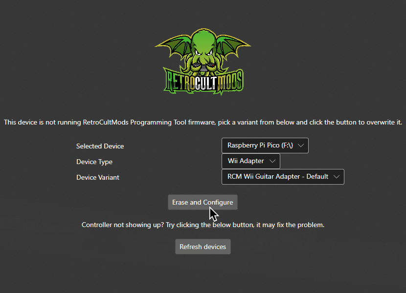 A screenshot of RetroCultMods Programming Tool. "Selected Device" is set to Raspberry Pi Pico, "Device Type" is set to "Wii Adapter", and Device Variant is set to "RCM Wii Guitar Adapter - Default."