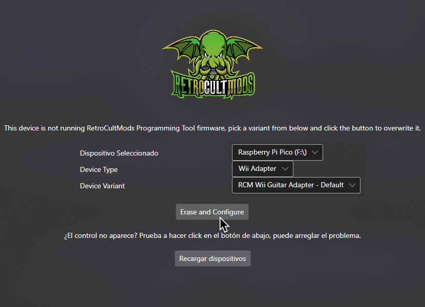 Una captura de la herramienta de RetroCultMods para Programar. "Dispositivo Seleccionado" esta en Raspberry Pi Pico, "Device Type" esta en "Wii Adapter" y "Device Variant" esta puesto en "RCM Wii Guitar Adapter - Default."