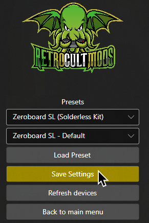 A screenshot of RetroCultMods Programming Tool. The cursor is hovering over "Save Settings".