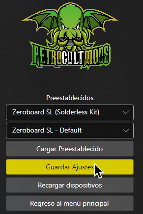 Una captura de la herramienta de programación para RetroCultMods, con el cursor sobre Guardar Ajustes