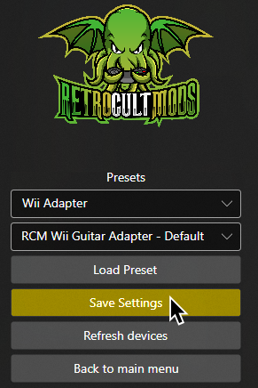 A screenshot of RetroCultMods Programming Tool. The cursor is hovering over "Save Settings".