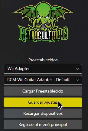 Una captura de la herramienta de programación para RetroCultMods, con el cursor sobre Guardar Ajustes