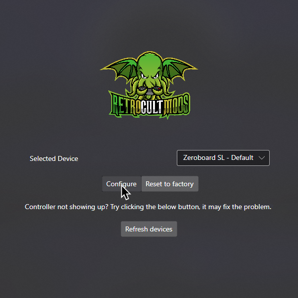 A screenshot of RetroCultMods Programming Tool. "Selected Device" is set to "Zeroboard SL - Default" and the mouse is hovering over "Configure."