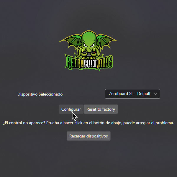 Una captura de la herramienta de RetroCultMods para Programar. "Dispositivo Seleccionado" esta en "Zeroboard SL - Default" y el cursor esta sobre "Configurar."