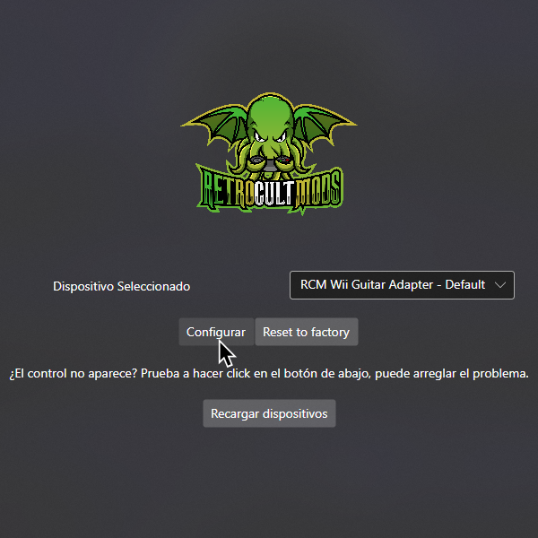 Una captura de la herramienta de RetroCultMods para Programar. "Dispositivo Seleccionado" esta en "RCM Wii Guitar Adapter - Default" y el cursor esta sobre "Configurar."
