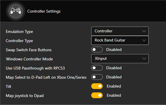 A screenshot of Santroller's Controller Settings. The settings reflect exactly what is above.