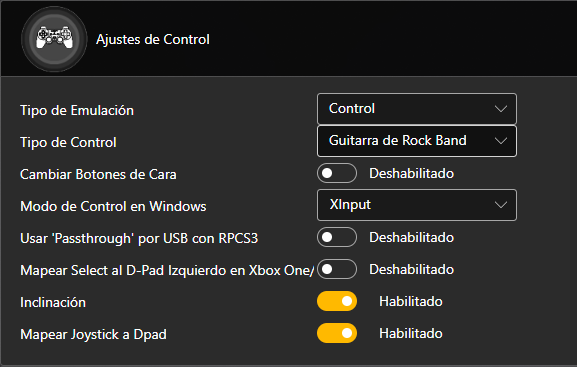 Una captura de los Ajustes de Control, dentro de Santroller.