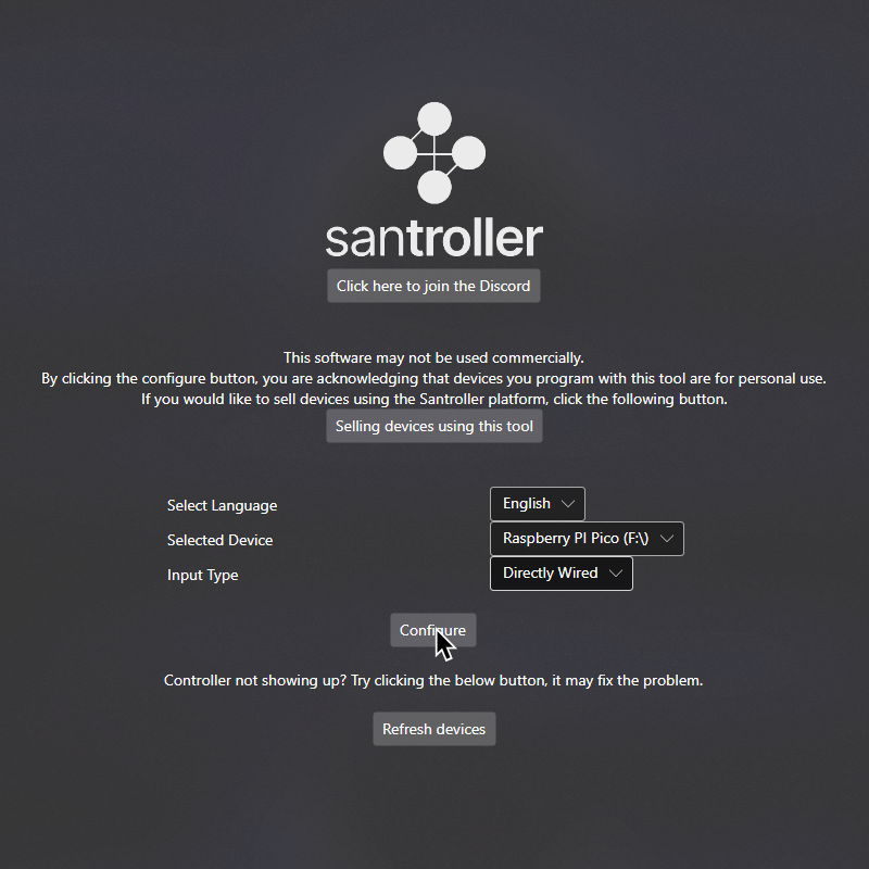 A screenshot of Santroller's first screen. "Selected Device" is set to Raspberry Pi Pico and Input Type is set to "Directly Wired".