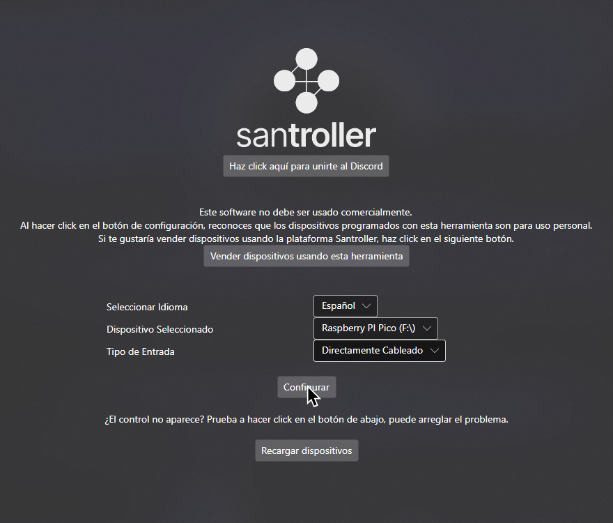 Una captura de la pantalla inicial de Santroller. "Dispositivo Seleccionado" esta en Raspberry Pi Pico y "Tipo de Entrado" esta en Directamente cableado.