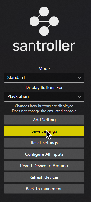 A screenshot of Santroller. The cursor is hovering over "Save Settings".