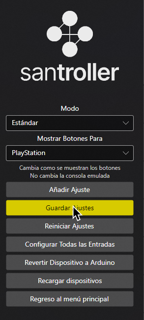 Una captura de Santroller, con el cursor sobre Guardar Ajustes.