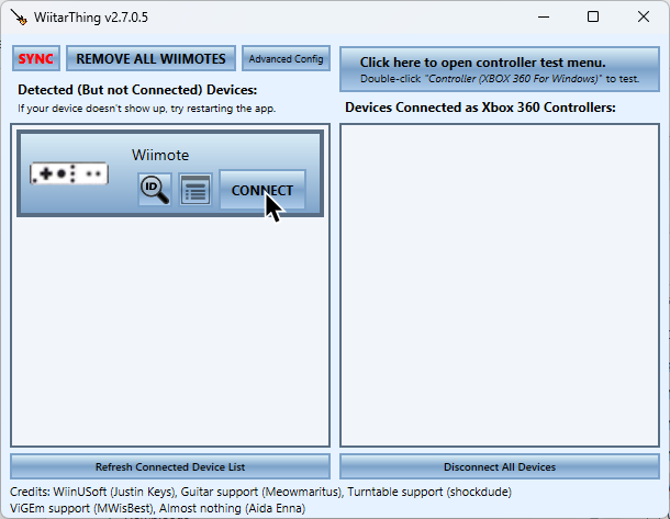 A screenshot of WiitarThing with a cursor hovering over the "CONNECT" button.