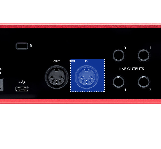 A picture of a Focusrite Scarlett's rear, showing a USB port, and 5-DIN MIDI input and output.