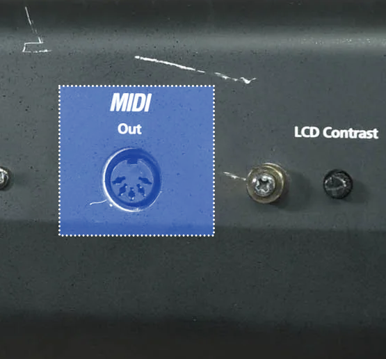 A picture of a MIDI controller's back, showing a 5-DIN MIDI input and output highlighted in yellow with a solid white outline, and multiple pedal inputs.