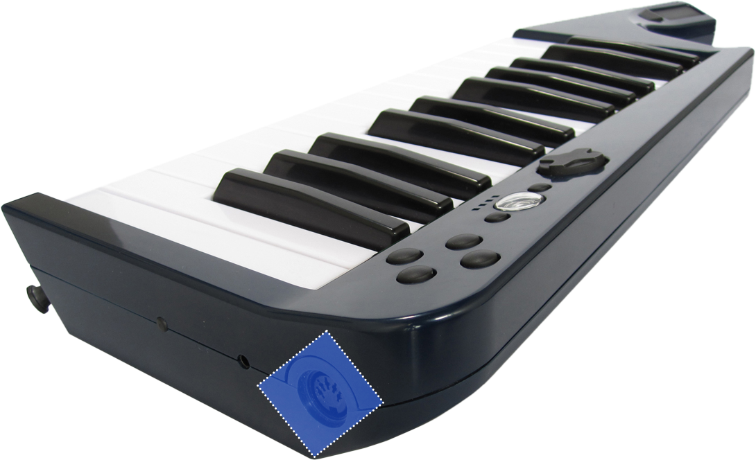 A picture of a Rock Band 3's Wireless Keyboard, showing a 5-DIN MIDI input and output highlighted in blue with a dotted white outline.