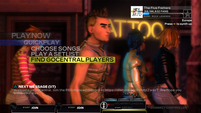 A screenshot of Rock Band 3 with "Find GoCentral Players" selected.