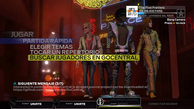 Una captura de Rock Band 3 con "Buscar jugadores en GoCentral" seleccionado.