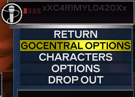 A screenshot of Rock Band 3 with "GoCentral Options" selected