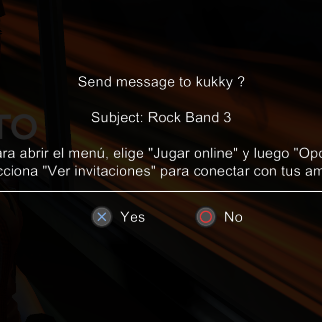 Una captura de RPCN con una invitación de Rock Band 3.