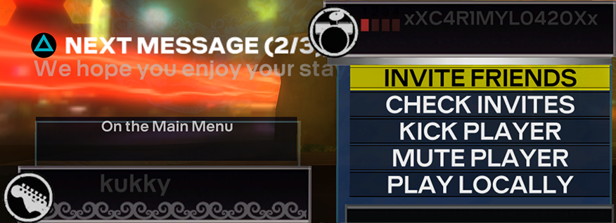 A screenshot of Rock Band 3 with a friend in a party, waiting on the main menu.