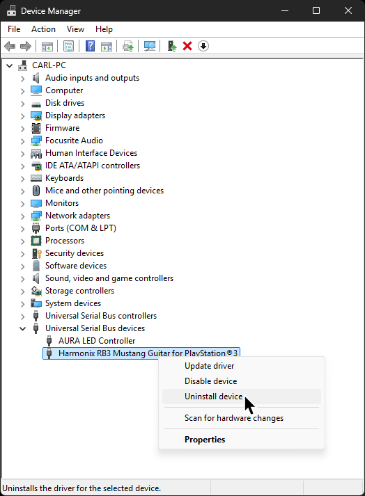 A screenshot of Device Manager, with a right click menu that popped up. The cursor is over "Uninstall Device."