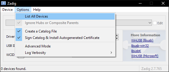 A screenshot of Zadig showing "List All Devices" under "Options" highlighted.