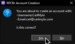 A screenshot of RPCS3's RPCN: Account Creation popup, asking the user if they're ready to create their account, with "Yes" highlighted