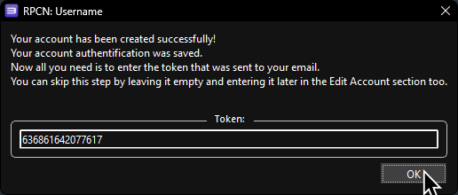 A screenshot RPCS3 telling the user an account was successfully created. They are also prompted for the verification token to reset their password in the future.