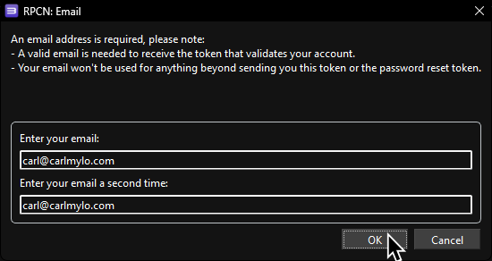 A screenshot of RPCS3's RPCN: Email menu with an email (twice for verification) set and "OK" highlighted