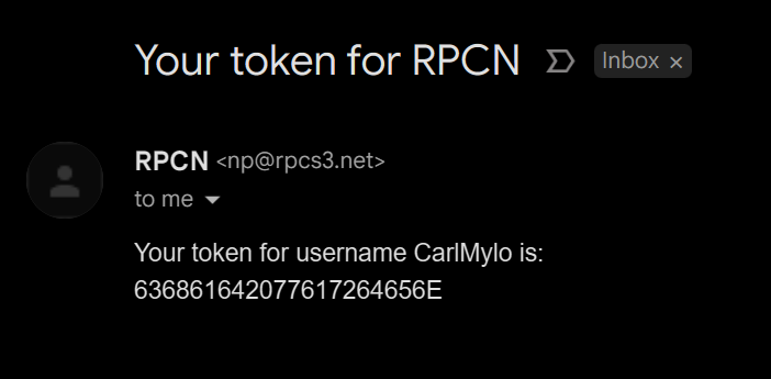 Una captura del mensaje Email con la etiqueta "Your token for RPCN" (Tu codigo para RPCN) con un token debajo del nombre de usuario para el que es.