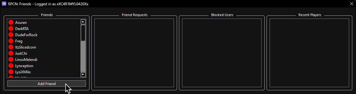 A screenshot of RPCN's Friends window, with the user selecting "Add Friend".