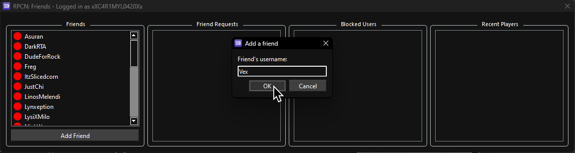 A screenshot of RPCN's Friends window, with the user adding someone by searching their username. Their mouse is hovering over "OK".