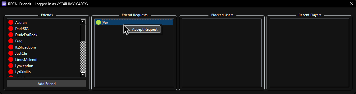 A screenshot of RPCN's Friends window, with the user about to accept a friend request. The icon next to the friend's name is yellow.