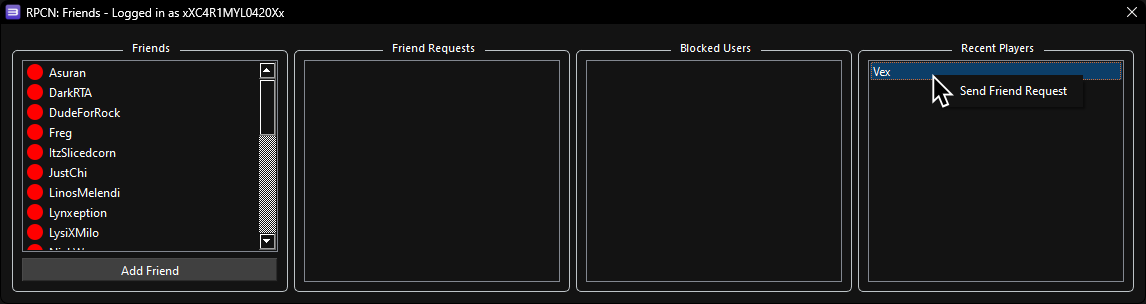 A screenshot of RPCN's Friends window, with the user adding a recent player.